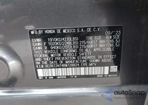 2024 Honda Hr-V Awd Ex-L/Awd Ex-L W/O Bsi z USA, uszkodzony, nr VIN 3CZRZ2H74RM728824
